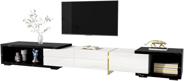 TV-Schrank erweiterbar 140–260 x 40 x 30 cm, MDF/Spanplatte, Weiß Hochglanz & schwarze Marmoroptik Bild 3