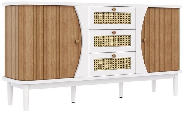 KLAM HOME Sideboard Rattankommode, Kommode mit Schiebetüren, mit verstellbaren Einlegeböden und abgerundeter Platte