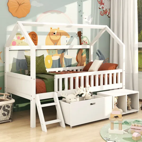 Kinderbett Hausbett mit Rausfallschutz und Lattenrost, 90x200 cm, Einzelbett, Jugendbett, Kiefer