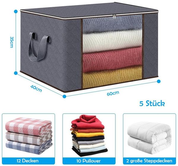 TUWENA Unterbettkommode 5 Stück Aufbewahrungstasche Schrank Organizer, Faltbar Kleiderschrank (5 St), Zum Organisieren Kleidung, Bettwäsche, Bettdecken, Steppdecke, Grau