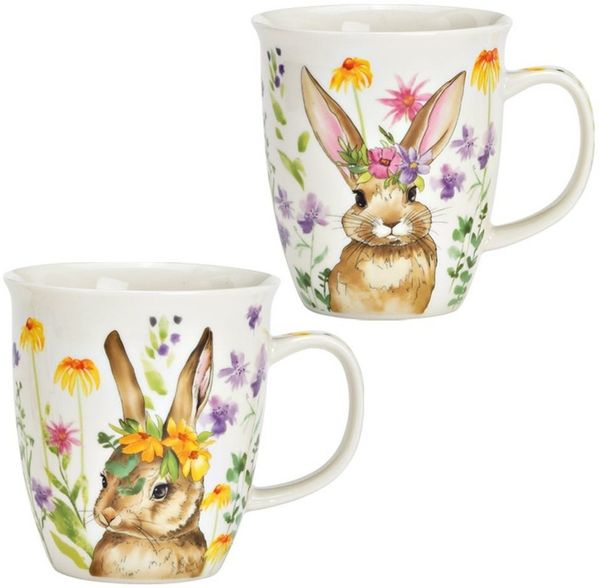 matches21 HOME & HOBBY Tasse Grosse Kaffeetassen 2er Set Ostern Frühling Osterhasen Blumen, 2-tlg, Porzellan, Tee, Kaffee-Becher, klassisch, weiss bunt, 400 ml