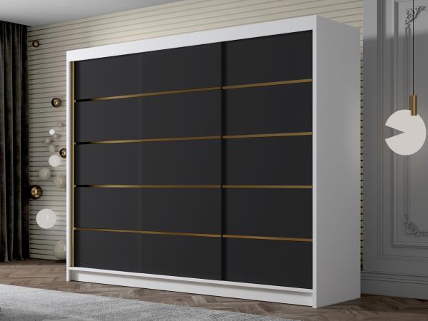 Kleiderschrank mit Goldverzierung Aramao VII mit drei Schwebetüren (Farbe: Weiß / Schwarz)