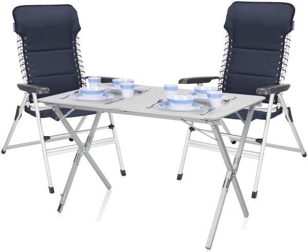 Campingtisch mit 2 Stühlen SET - Hochlehner Blau mit ALU Rolltisch 110x70cm