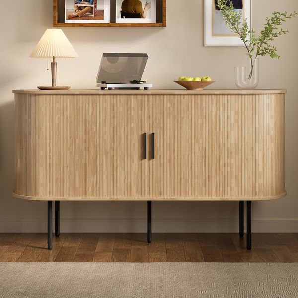 Merax Sideboard mit Rolljalousie-Türen, Aluminiumgriffen & Eisenbeinen – Vielseitiger Aufbewahrungsschrank für Wohnzimmer, Esszimmer & moderne Einrichtung, Holzfarbe
