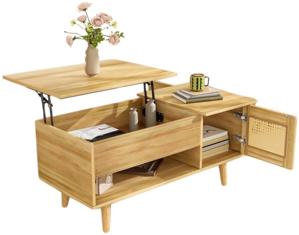 MODFU Couchtisch mit Hebefunktion (Satztisch, Wohnzimmertisch Beistelltisch, 1-St, mit Stauraum und Rattan-Imitat-Türen), ideal für kleine Räume