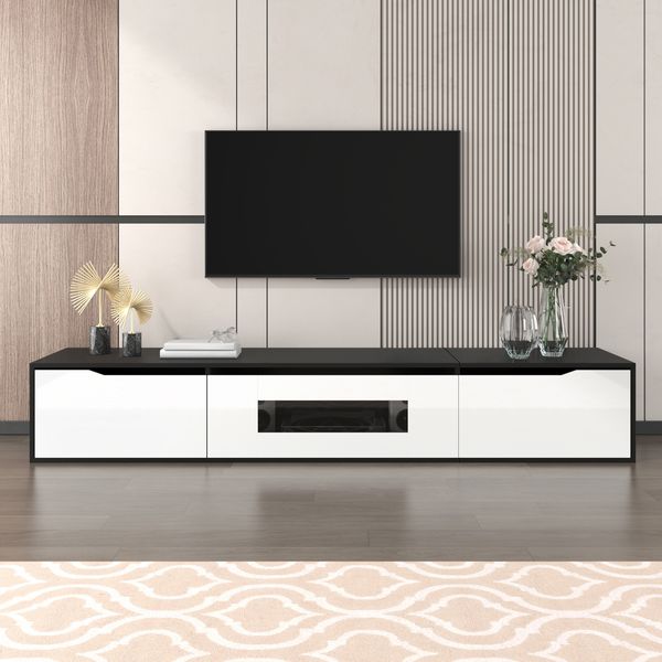 TV-Schrank 180 x 35 x 30 cm in Schwarz-Weiß Hochglanz mit LED und Wandmontage