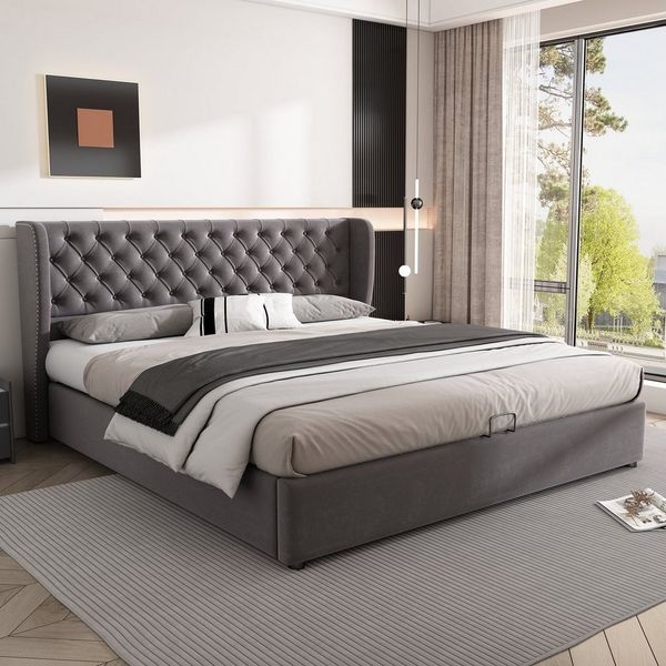 MODFU Polsterbett Doppelbett mit Bettkasten gepolstertem Kopfteil (Massivholz Untergestell mit Hydraulisch anhebbarer Bettstauraum, Samt Bezug Funktionsbett mIt Staufächer 160x200 cm mit Matratze), mit weichem Kopfteil Schaum-Polsterung Ohrenform Große...