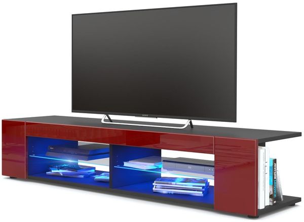 Vladon Lowboard Movie, TV-Kommode mit 4 offenen Fächern und Zierleisten, Schwarz matt/Bordeaux Hochglanz, inkl. LED-Beleuchtung blau (134 x 29 x 39 cm)