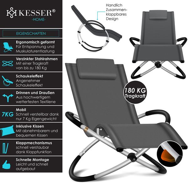 KESSER® Relaxliege Liegestuhl | Gartenliege | Gartenstuhl | Klappstuhl faltbar | Schwungliege | Schaukelsessel | ergonomische Relaxsessel | wetterfest | 180 kg Belastung | 174 x 78 x 89 cm Anthrazit Bild 2