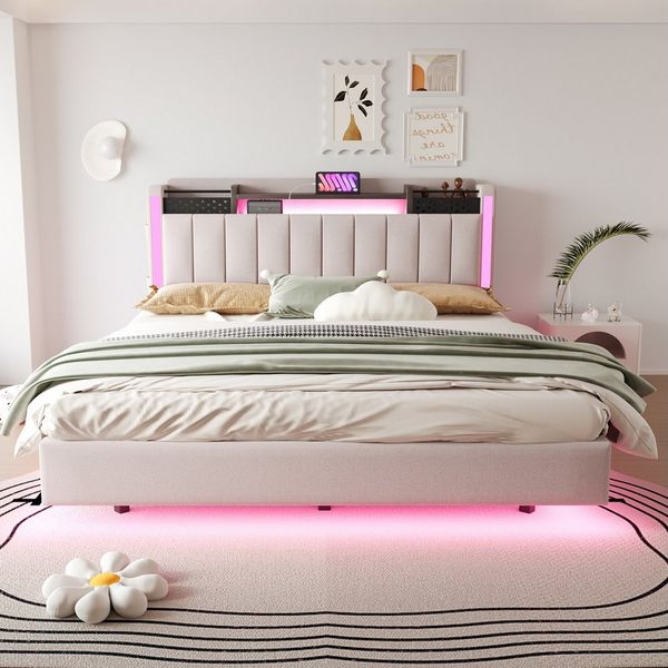 Merax Polsterbett mit LED-Beleuchtung und USB-Ladefunktion (Mehrzweckbett, 1-tlg), Schwebebett Doppelbett 160x200 cm mit Kopfteil mit Stauraum,Leinenstoff