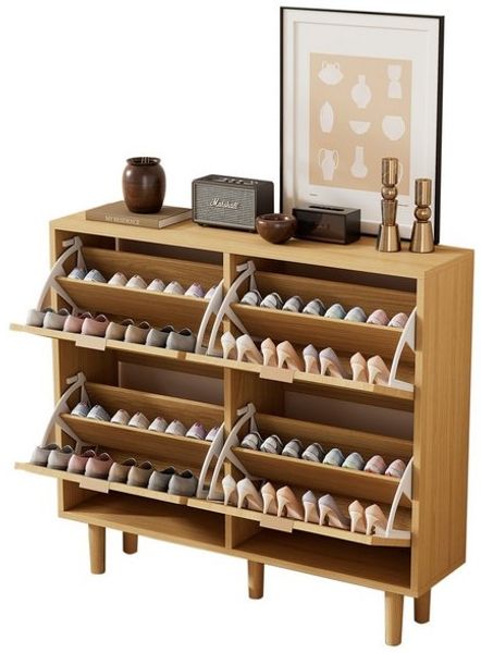 MODFU Schuhschrank aus Rattan (1-St, Maße: 100 x 25 x 90 cm) mit Metallgriffen und 4 Klappschubladen Bild 4