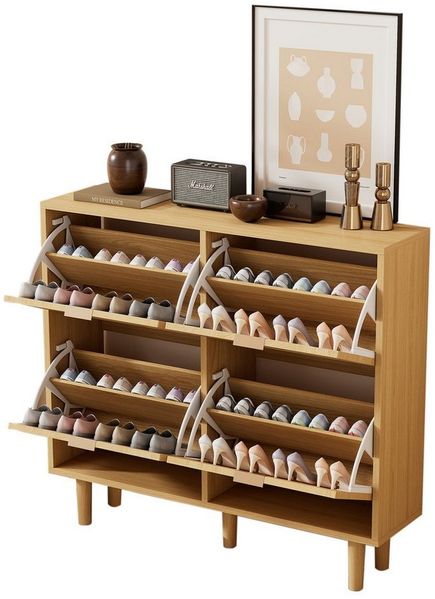 MODFU Schuhschrank aus Rattan (1-St, Maße: 100 x 25 x 90 cm) mit Metallgriffen und 4 Klappschubladen Bild 5