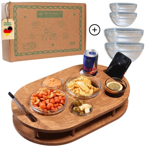 PEGSEN Servierplatte Couchbar Snackbox mit 4 Glasschalen Couch Tablett, Getränke & Snacks stehen stabil