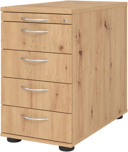 bümö Schreibtisch Schrank abschließbar, Schubladenschrank Holz in Asteiche, Container mit Schubladen - Schubladen Schrank Büro, Schreibtisch Container od. Schreibtisch Kommode mit Bogengriffe, SC50-R-R-BM