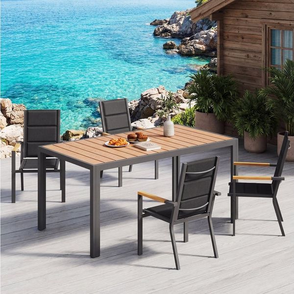 GUNJI Gartentisch 150/180x80cm Aluminiumtisch, Balkontisch, Outdoor-Esstisch (100kg Belastbarkeit, für mehrere Personen, Holzoptik, wasser-sonnenschutzfest & pflegeleicht)
