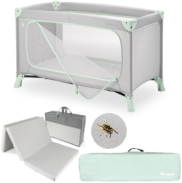 hauck Baby Reisebett Set Dream N Play Plus inkl. Matratze & Insektenschutz | faltbares Kinder Reisebett mit großem Seiteneingang und Tasche – Dusty Mint