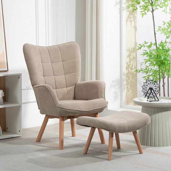 HOMCOM Relaxsessel Ohrensessel mit Hocker, Polstersessel in Cord-Optik (Loungesessel, 2-St, Armlehnstuhl), für Wohnzimmer, Hellbraun