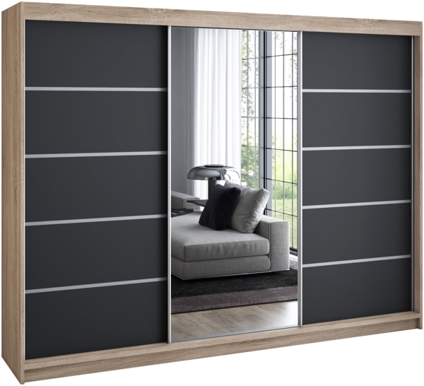 A&J MöbelLand 'Vilano' Schwebetürenschrank mit 4 Schubladen und Spiegel, Spanplatte, 215 x 59,5 x 200 cm, Schwarz / Schwarz / Natur / Natur