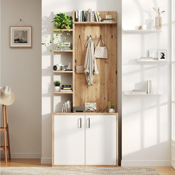 KLAM HOME Garderoben-Set 75*33*180cm Garderobenständer mit Garderobe, Schuhaufbewahrung, (Flurausstattung mit Kleiderhaken, Flurschrank mit 5-lagiger), Stauraumeinteilung und Stauraumschränken, Original Holzfarbe + weißes