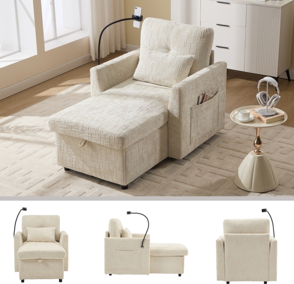 Multifunktionales Faulenzersofa verstaubare Rückenlehne mit Handyhalterung Chenille Einzelner Freizeitstuhl für Wohnzimmer Schlafzimmer kleiner Haushalt