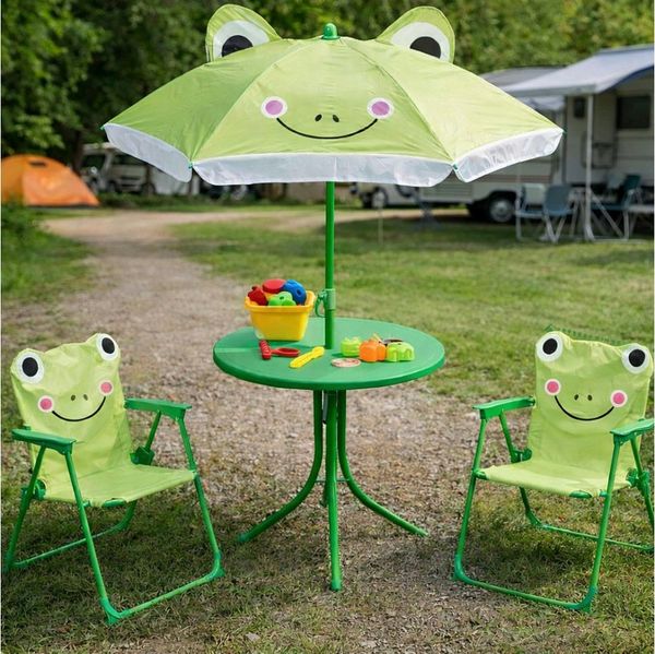 Koopman Garten-Kindersitzgruppe Sitzgruppe Strandstuhl Strandschirm Tisch Kindermöbel 4tlg, (4-tlg), Frosch-Design, Faltstuhl, Grün, Schattenspender, Outdoor