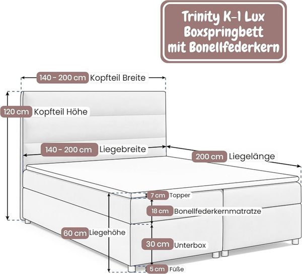 Best for Home Boxspringbett Trinity K-1 LUX – Modern Boxspringbett mit Stauraum & Komfort (140x200 160x200 180x200 200x200 cm), Verschiedene Liefermöglichkeiten, TOP Preis-Leistungs-Verhältnis