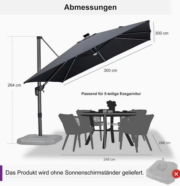 PURPLE LEAF Sonnenschirm Quadratischer Alu Groß Ampelschirm mit LED Licht, LxB: 300,00x300,00 cm, 360°Rotation, Sonnenschutz UV50+, für Garten, Pool, Patio