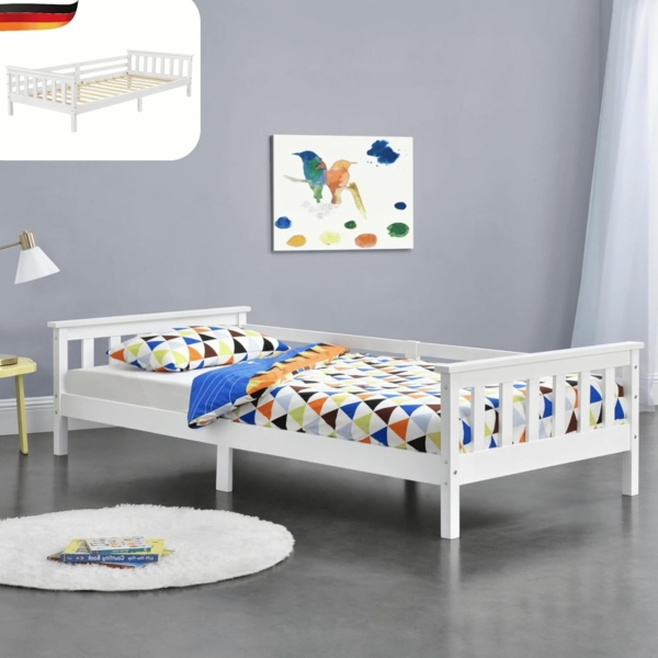 DELUKE® Kinderbett KUNA - mit Lattenrost Kiefernholz Stauraum unterm Bett Einzelbett Gästebett Hausbett Kinderzimmer Bodenbett Montessori Bett Weiß 90x200 cm