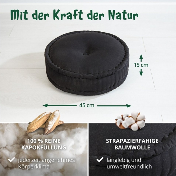 livasia Meditationskissen Zafukissen groß (Basic) vegan und handgefertigt, 46x14cm, Kapok Bild 3