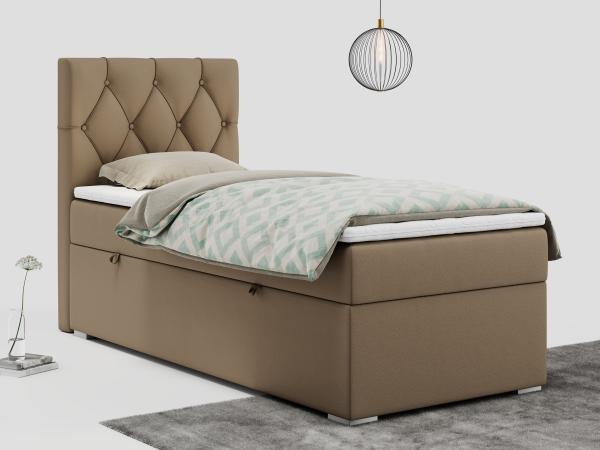 Boxspringbett ALDA, Einzelbett mit gestepptem Kopfteil und einem Bettkasten, 90x200 - Braun Kunstleder - links - H4