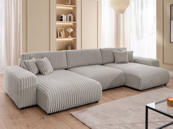 S-Style Möbel Wohnlandschaft Mollis mit Schlaffunktion und Bettkasten aus Plüschcord