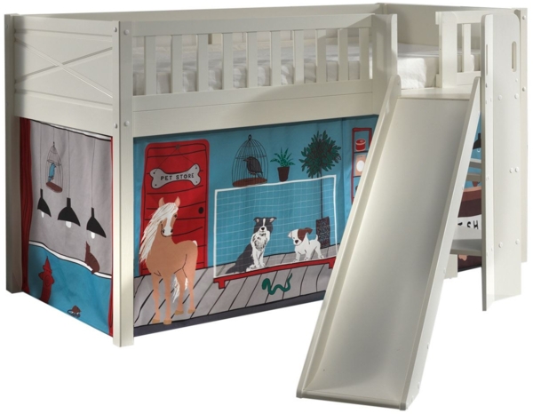 Kinderbett mit Rutsche Karyl Massivholz Weiß Textilset Pet Shop