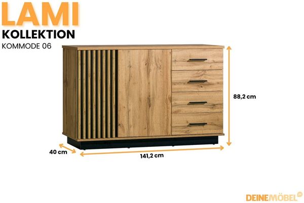 Deine Möbel 24 Kommode LAMI 6 Sideboard in Wotan Eiche / Schwarz Matt mit Lamellen (LAMI - Kollektion, 1 St, ideal für Schlafzimmer Wohnzimmer Flur Jugendzimmer), Sideboard mit 2 Türen & 4 Schubladen