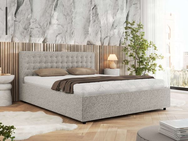 Polsterbett mit Holzlattenrost Doppelbett PAVO CLASSIC, hohe Kopfteil, Bettkasten mit Gasdruckfeder Pocket Matratze - 180 x 200 cm - Hellgrau Strukture - VIRE LUX
