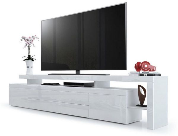Vladon Lowboard Leon (TV-Kommode, mit zwei Türen, zwei Schubkästen und einem modernen Überbau), Weiß matt/Weiß Hochglanz/Weiß Hochglanz (227 x 52 x 35 cm)