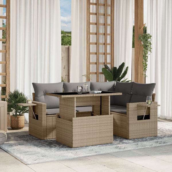 vidaXL 5-tlg. Garten-Sofagarnitur mit Kissen Beige Poly Rattan 3267879