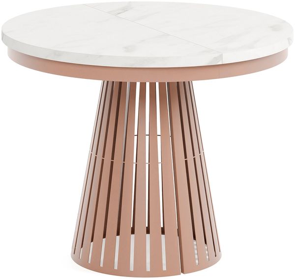 MEBLINI Esstisch Rund Ausziehbar aus Metall - 100-176x76 cm - CONEY - Weiß Marmor/Kupferfarbe - Loft - Esszimmertisch Modern - Küchentisch - Ausziehtisch - Round Dining Table