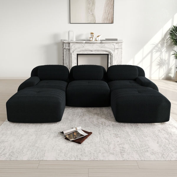 U-Sofa, Modulares aus Premium-Cordstoff ohne Montage rutschfest und haustierfreundlich extra-breite Armlehnen 32D hochelastische Polsterung für Wohnzimmer Schlafzimmer und Büro, Cordstoff, Black