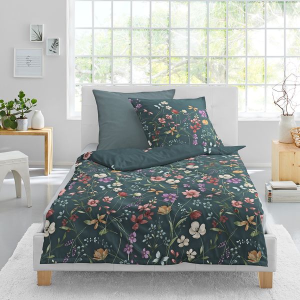 Bettwäsche Bierbaum Mako Satin 4180-30 Blumen jade grün 135x200