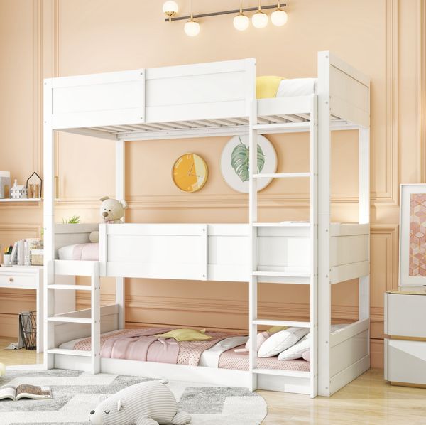 Dreibettbett aus Massivholz, modular, 90x200 cm, Weiß, ohne Matratze