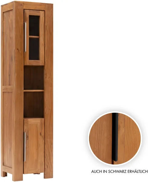 Hochschrank Badschrank schmal 45 x 185 x 35 cm Massivholz Akazie braun massivum Osbon silber Griffe Stauraumschrank Wandschrank Flur Küche