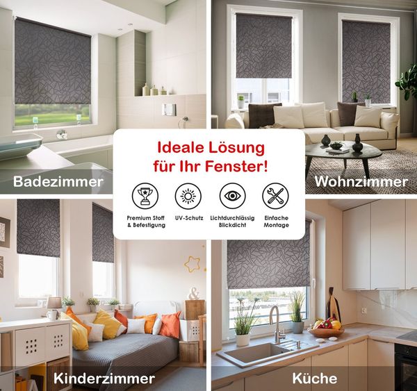 Rollo Tageslicht"Crystal", Schwarz 60x170cm, DomDeco, Klemmfix, Lichtschutz, ohne Bohren, blickdicht, Klemmfix