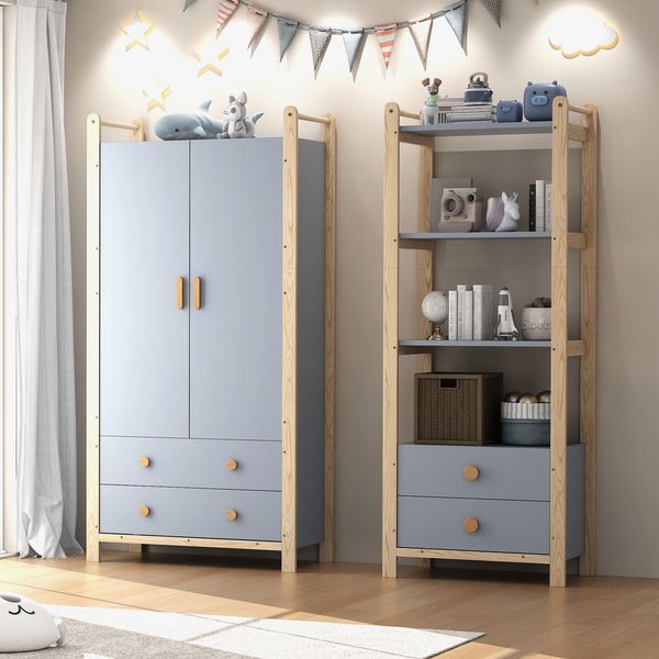 Doppelklappengarderobe und Ablagerack, Kinderzimmer-Set mit Kleiderstange, 4 Schubladen, offene Fächer, Fichtenholzrahmen, blaue