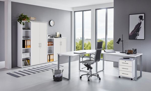 moebel-dich-auf Büromöbel-Set TABOR PRO Set 4, (abschließbar, 6-tlg, Winkelschreibtisch mit Rollcontainer + 2 Aktenschränke + 2 Aktenregale), mit Edelstahlgriffen & lackierten Fronten, MADE IN GERMANY