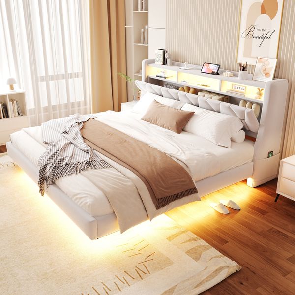 Polsterbett 180x200 cm ohne Matratze, Samt in Beige, klappbares Kopfteil mit Stauraum, LED und USB/Typ-C