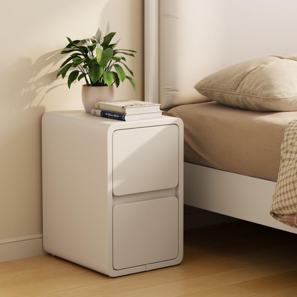 Nachttisch Schmal 2 Schubladen Narrow Nightstand Lederoberfläche Weiß 30 cm
