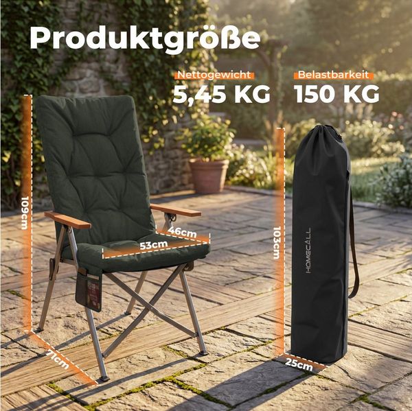 HOMECALL Campingstuhl Faltbar Hochlehner Luxus Klappstuhl mit 4,5cm Dicke Gepolstert (150kg Belastbar mit 4 Positionen Verstellbar Angelstuhl, 1 St), für Garten Balkon Wohnmobil