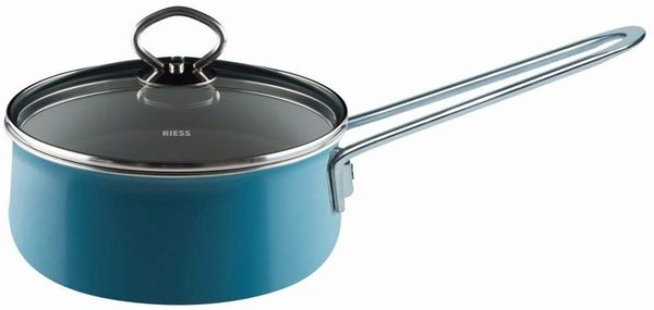 Riess Nouvelle Aquamarin Stielkasserole mit Glasdeckel Ø16cm, 1 Liter Emaille extrastark