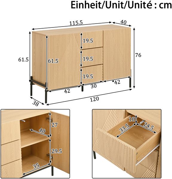 Merax Sideboard mit geometrischer Struktur, Doppeltüren, Mittlere Schublade, Viel Stauraum, Multifunktionaler Aufbewahrungsschrank für Wohn-/Esszimmer Bild 4