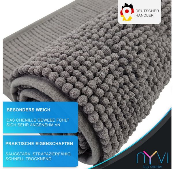 NYVI Badematte WC Vorleger NYVISpa Chenille Badvorleger, Höhe 20 mm, Polyester, Rutschfest, Saugfähig, Schnell Trocknend, Fußbodenheizung geeignet